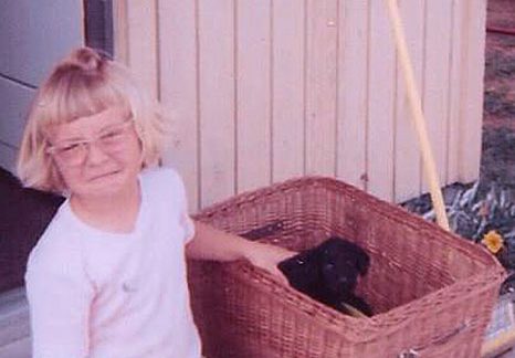 Girl with dog in basket